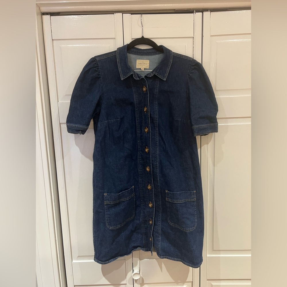 Sezane Dark Blue Denim Button-Front Mini Dress - Picture 4 of 7